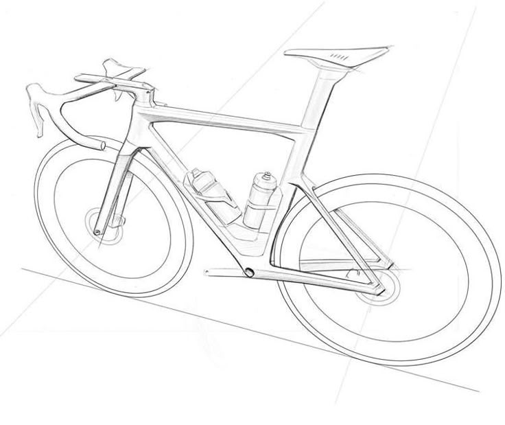 _ 6 Line drawing of a modern road bicycle, featuring aerodynamic design, bottle holders, and sleek frame geometry. | Sky Rye Design Line drawing of a modern road bicycle, featuring aerodynamic design, bottle holders, and sleek frame geometry.