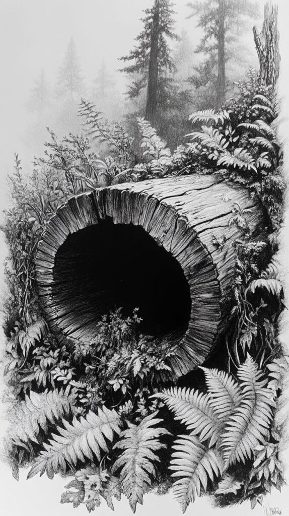 _ 6 Pencil drawing of a forest scene with a hollow log surrounded by ferns and dense foliage, capturing a serene and natural woodland setting. | Sky Rye Design Pencil drawing of a forest scene with a hollow log surrounded by ferns and dense foliage, capturing a serene and natural woodland setting.