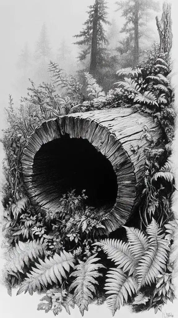 Pencil drawing of a forest scene with a hollow log surrounded by ferns and dense foliage, capturing a serene and natural woodland setting.