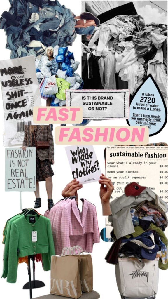 _ 6 Collage highlighting fast fashion issues: waste, sustainability, consumerism with clothes, bags, and protest signs urging ethical practices. | Sky Rye Design Collage highlighting fast fashion issues: waste, sustainability, consumerism with clothes, bags, and protest signs urging ethical practices.
