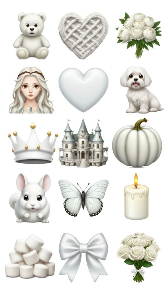 _ 60 White-themed emojis: bear, heart, flowers, girl, crown, castle, dog, pumpkin, bunny, butterfly, candle, marshmallows, bow, roses. | Sky Rye Design White-themed emojis: bear, heart, flowers, girl, crown, castle, dog, pumpkin, bunny, butterfly, candle, marshmallows, bow, roses.