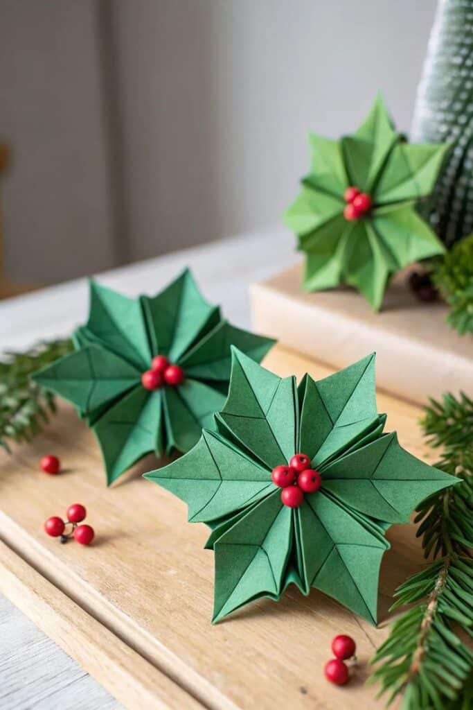 60389d073a29374e222ba96e3f84d4de Origami Christmas crafts: Green paper poinsettia with red berries on a wooden board, festive holiday decor, creative DIY project. | Sky Rye Design kids christmas craft ideas