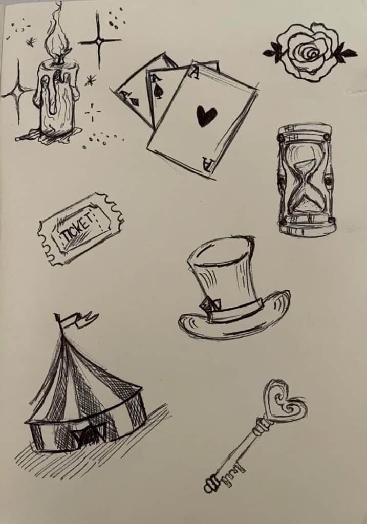 6083d9b82a38638157d9581948db0c4c Hand-drawn doodles: candle, playing cards, rose, ticket, hourglass, circus tent, top hat, and key, evoking vintage and whimsical themes. | Sky Rye Design Hand-drawn doodles: candle, playing cards, rose, ticket, hourglass, circus tent, top hat, and key, evoking vintage and whimsical themes.