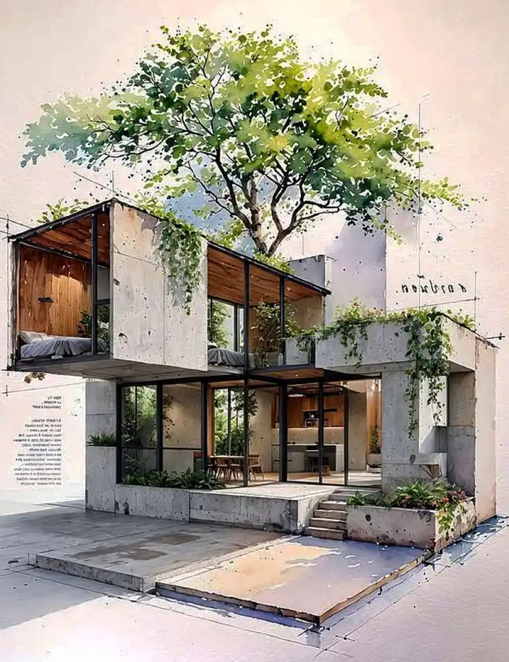 Modern concrete house with large windows, rooftop garden, and lush greenery, showcasing sustainable architecture and innovative design.