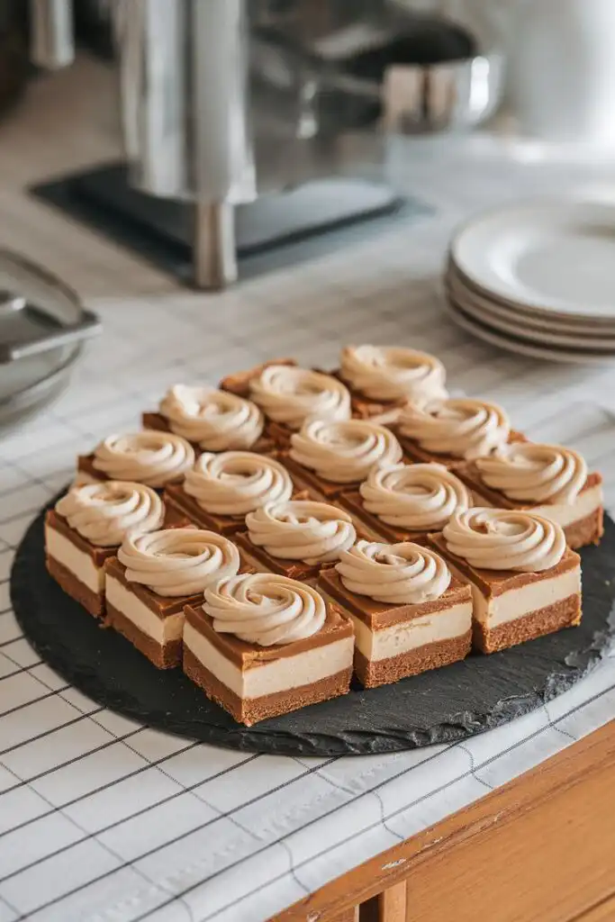 Delicious squares of cake with layered frosting on a slate platter, set on a checked tablecloth, ready for serving.