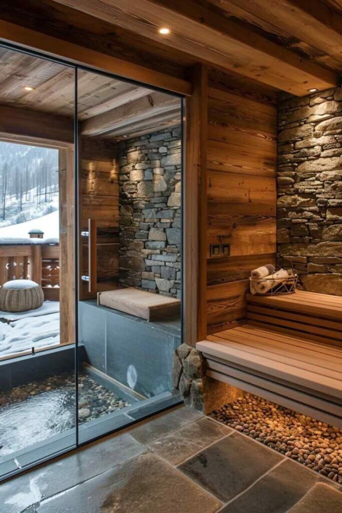 Modern indoor sauna with glass wall, wooden and stone design, overlooking snowy landscape. Cozy spa retreat in winter setting.