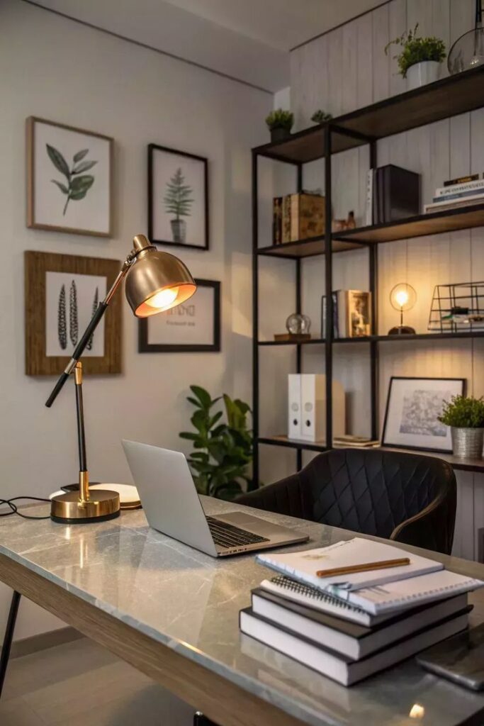 63d24c23-af53-4b0f-836c-c98c4a6241b2 Modern home office setup with stylish lamp, laptop, and shelves, creating a cozy and productive workspace with elegant decor and plants. | Sky Rye Design Modern home office setup with stylish lamp, laptop, and shelves, creating a cozy and productive workspace with elegant decor and plants.