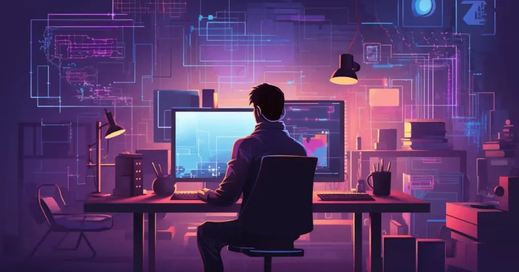 64d6bd51ab17a00828b644bf_header Person at a computer in a tech-themed office, surrounded by digital graphics and data screens, creating a futuristic ambiance. | Sky Rye Design Person at a computer in a tech-themed office, surrounded by digital graphics and data screens, creating a futuristic ambiance.