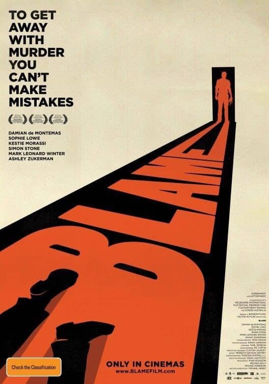 Movie poster for Blame with tagline To get away with murder you can't make mistakes, silhouetted figure on a red path.