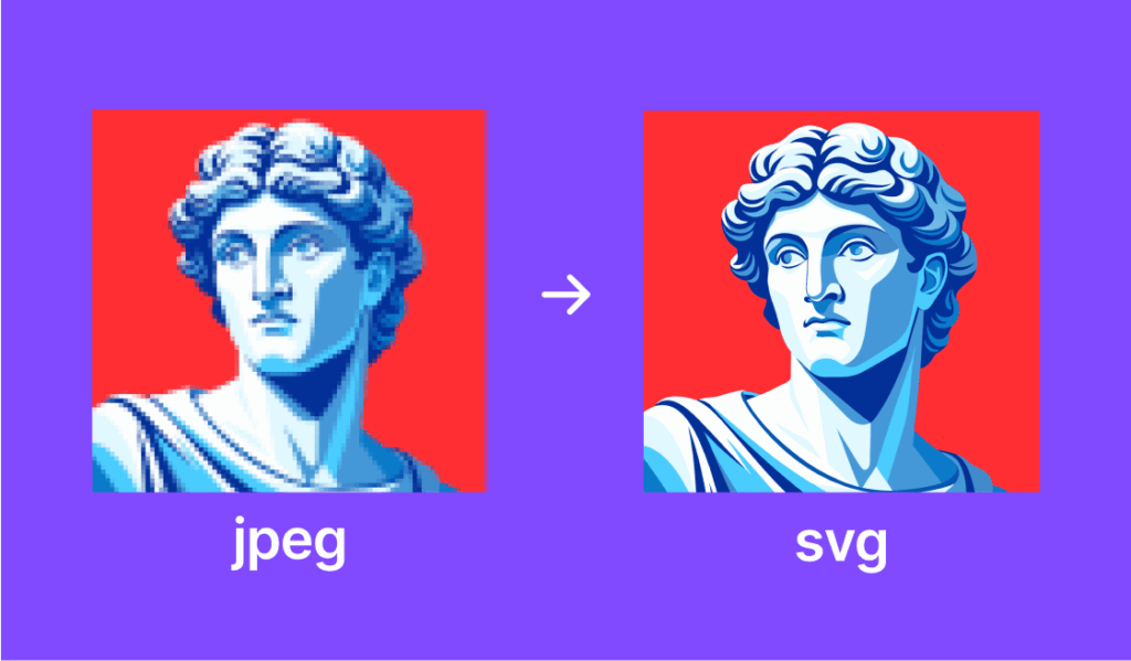 Comparison of image quality showing a transition from JPEG to SVG format using a classical statue illustration.