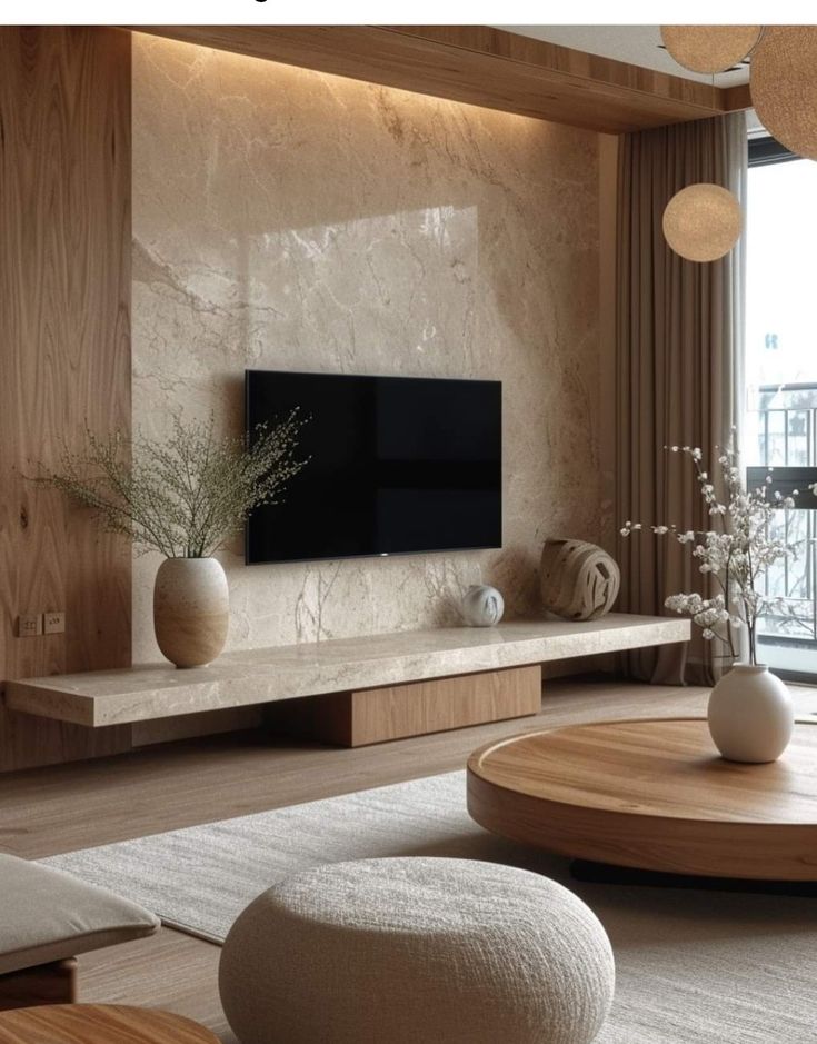 _ 67 Modern living room with minimalist decor, wood accents, marble wall, flat-screen TV, and large windows. Cozy and stylish interior design. | Sky Rye Design Modern living room with minimalist decor, wood accents, marble wall, flat-screen TV, and large windows. Cozy and stylish interior design.