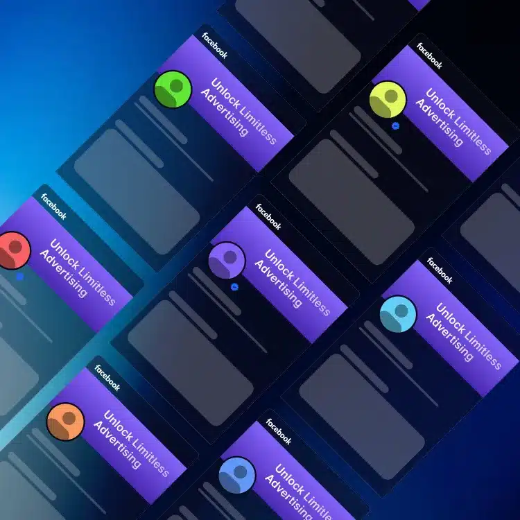 673bc0b181f77a4f517e251c_facebook-accounts-unlimited-stock-uproas Facebook advertising cards with Unlock Limitless Advertising message, featuring colorful user icons on a gradient background. | Sky Rye Design Facebook advertising cards with Unlock Limitless Advertising message, featuring colorful user icons on a gradient background.