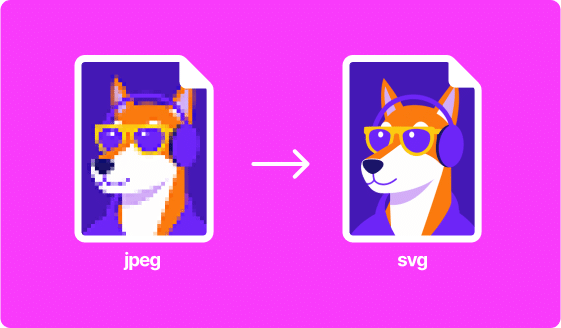 Illustration of a dog in sunglasses and headphones, showing file conversion from JPEG to SVG format on a pink background.