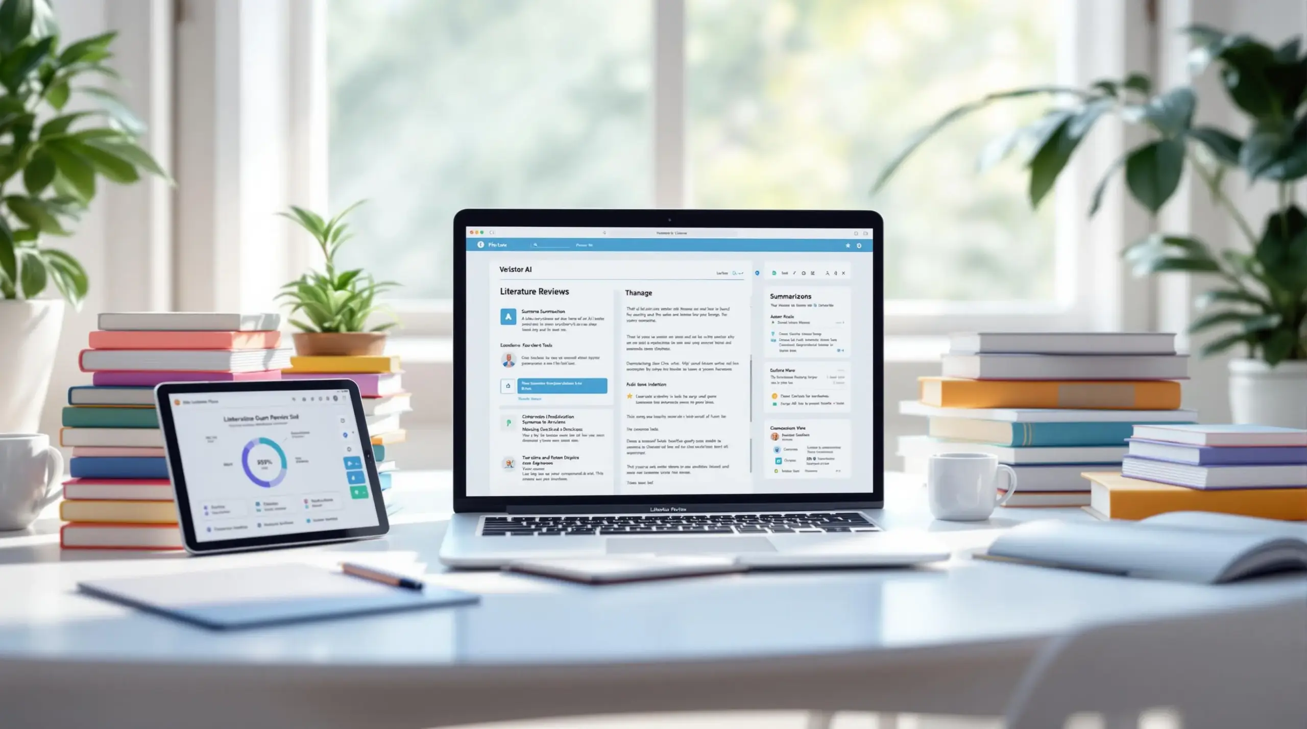 6805b7d1360079f947b8984d-1745208040083 Laptop and tablet displaying analytics on a desk with books and plants, creating a productive workspace ambiance. | Sky Rye Design Laptop and tablet displaying analytics on a desk with books and plants, creating a productive workspace ambiance.