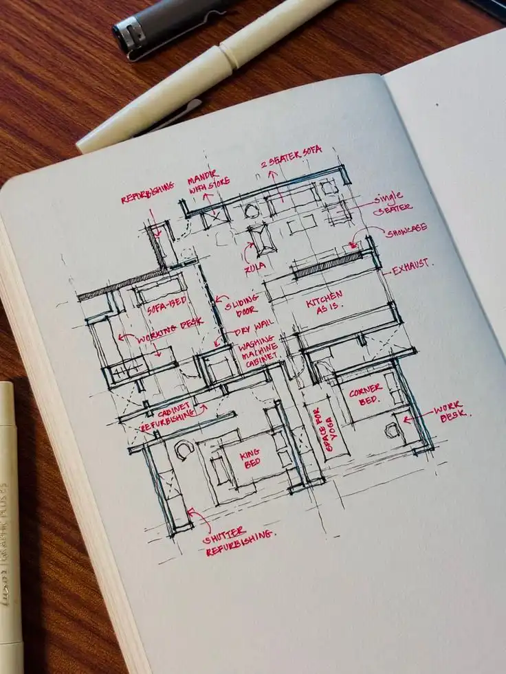 6b47cb94ca1c7e4a419df5962f1cd28a Hand-drawn apartment floor plan with labeled rooms including kitchen, bedroom, and workspaces, featuring layout notes and measurements. | Sky Rye Design Hand-drawn apartment floor plan with labeled rooms including kitchen, bedroom, and workspaces, featuring layout notes and measurements.