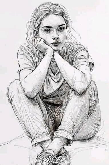 6c3d944c-36ca-4e3f-ae6d-280b7a5713d1 Pencil sketch of a young woman sitting with chin on hands, wearing casual clothes and sneakers, with an introspective expression. | Sky Rye Design Pencil sketch of a young woman sitting with chin on hands, wearing casual clothes and sneakers, with an introspective expression.