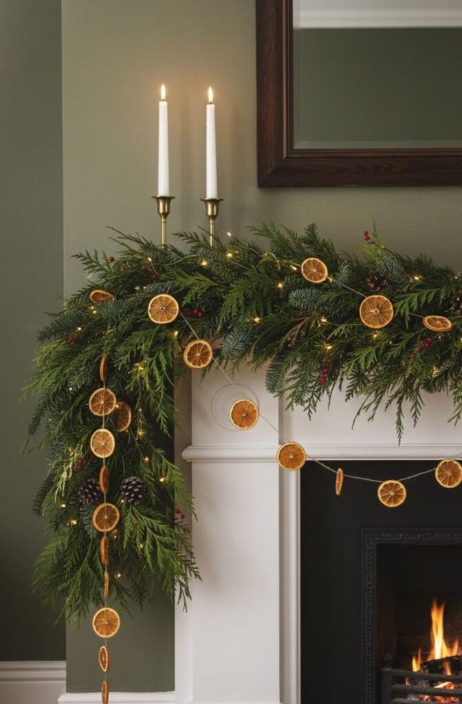 6c6c12b59aad17fe7edd9facd9f37d82 Festive mantel decorated with greenery, dried oranges, and candles, creating a warm holiday ambiance with subtle string lights. | Sky Rye Design Festive mantel decorated with greenery, dried oranges, and candles, creating a warm holiday ambiance with subtle string lights.