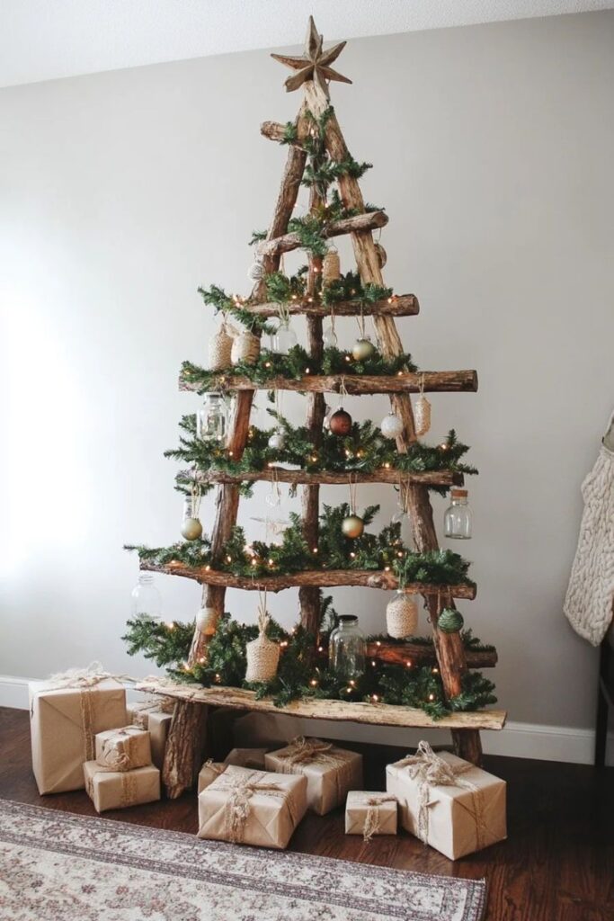 6c79060bada41ab5ff29d3e222abdc4e Eco-friendly Christmas tree made from wooden branches, decorated with ornaments, and surrounded by wrapped gifts on a wooden floor. | Sky Rye Design Eco-friendly Christmas tree made from wooden branches, decorated with ornaments, and surrounded by wrapped gifts on a wooden floor.