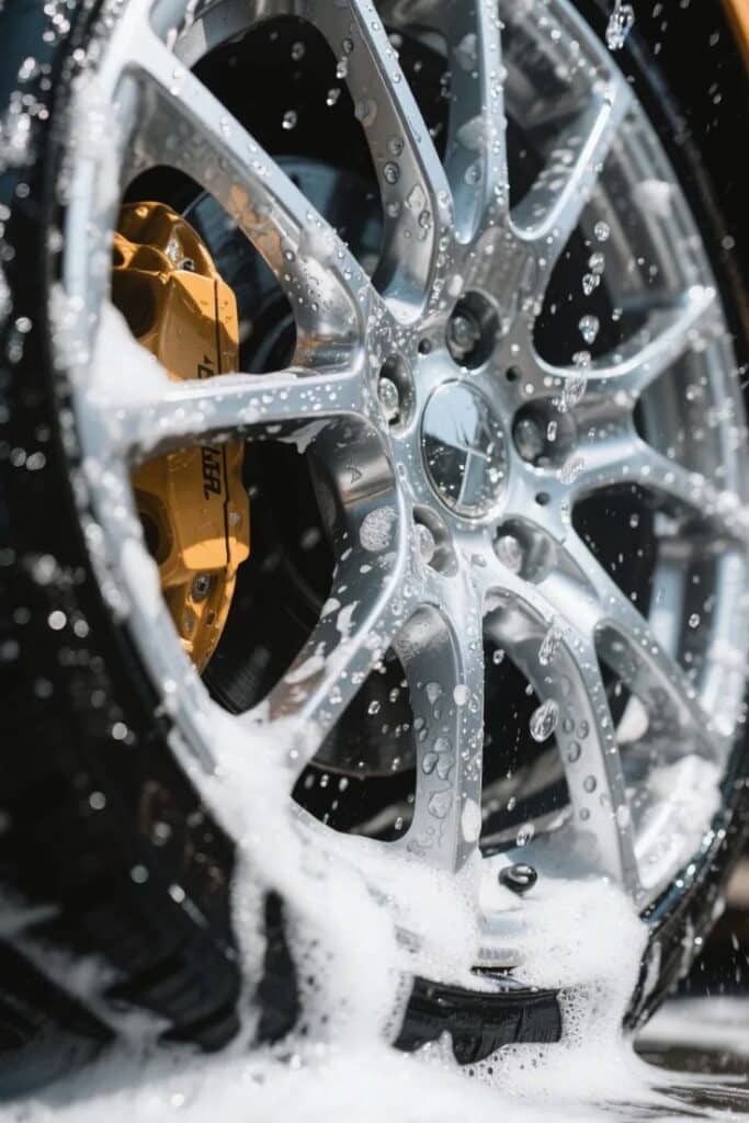 Close-up of a shiny car wheel with soap suds and water droplets, highlighting clean vehicle maintenance and detailing.