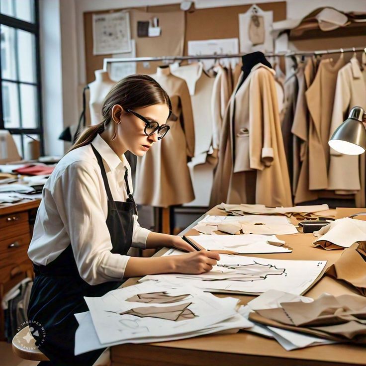 Fashion designer sketching patterns with concentration in a studio filled with garments and fabrics, showcasing creative design process.