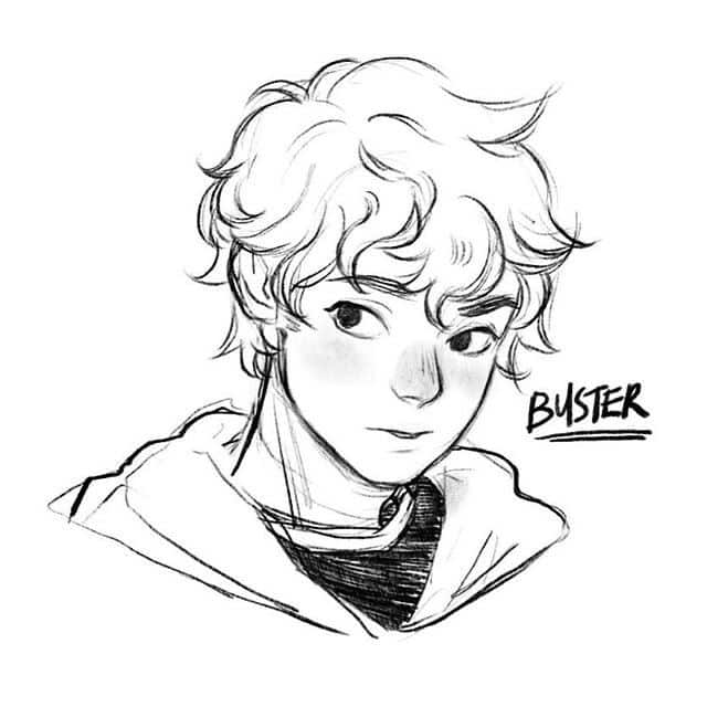 _ 7 Sketch of a young boy with curly hair and a thoughtful expression, titled Buster, in monochrome illustration. | Sky Rye Design Sketch of a young boy with curly hair and a thoughtful expression, titled Buster, in monochrome illustration.