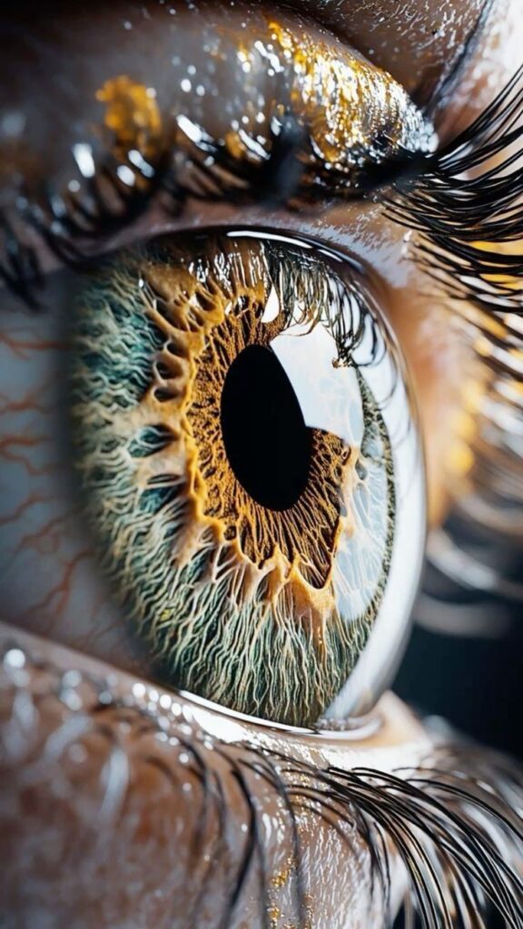 _ 7 Close-up of a human eye with intricate iris patterns in gold and teal hues, surrounded by detailed eyelashes and reflections. | Sky Rye Design Close-up of a human eye with intricate iris patterns in gold and teal hues, surrounded by detailed eyelashes and reflections.