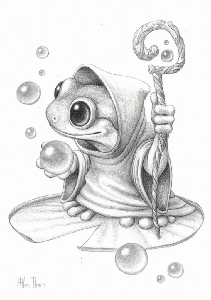 _ 7 Whimsical sketch of a magical frog in a hooded robe, holding a staff, surrounded by floating bubbles on a lily pad. | Sky Rye Design Whimsical sketch of a magical frog in a hooded robe, holding a staff, surrounded by floating bubbles on a lily pad.