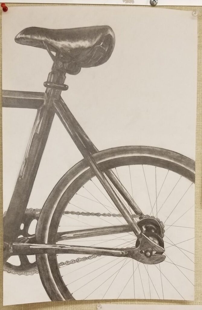 _ 7 Illustrated bicycle drawing showcasing detailed rear wheel, chain, and saddle, highlighting fine artistic pencil shading and textures. | Sky Rye Design Illustrated bicycle drawing showcasing detailed rear wheel, chain, and saddle, highlighting fine artistic pencil shading and textures.