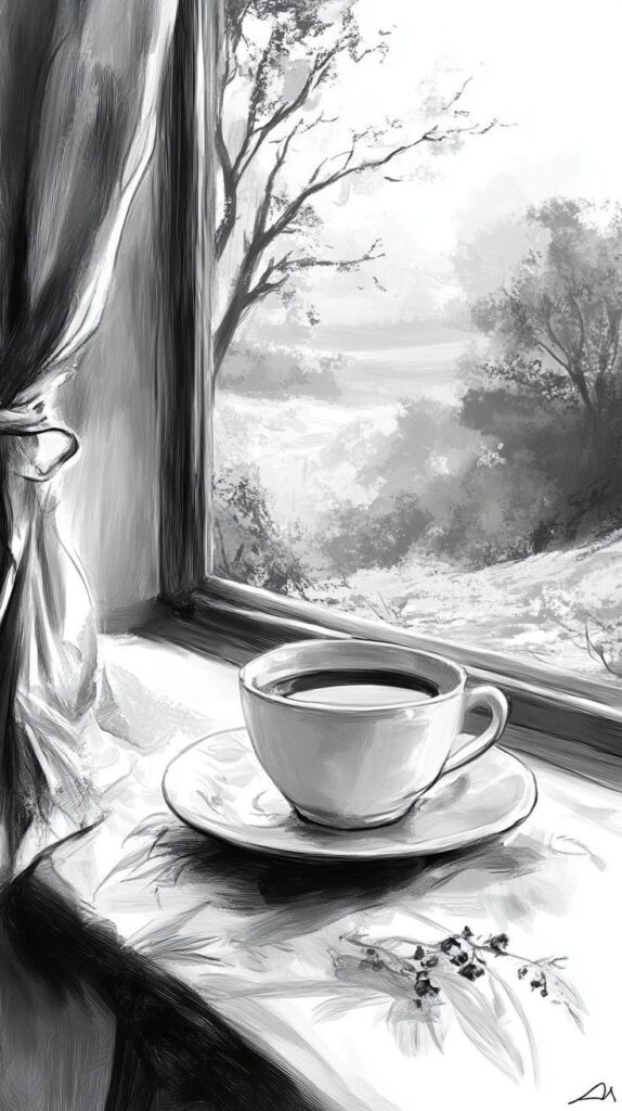_ 7 Black and white sketch of a steaming coffee cup on a windowsill, overlooking a serene landscape with trees, conveying calm and peacefulness. | Sky Rye Design Black and white sketch of a steaming coffee cup on a windowsill, overlooking a serene landscape with trees, conveying calm and peacefulness.