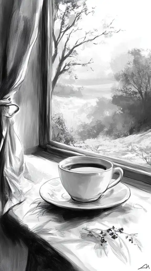 Black and white sketch of a steaming coffee cup on a windowsill, overlooking a serene landscape with trees, conveying calm and peacefulness.