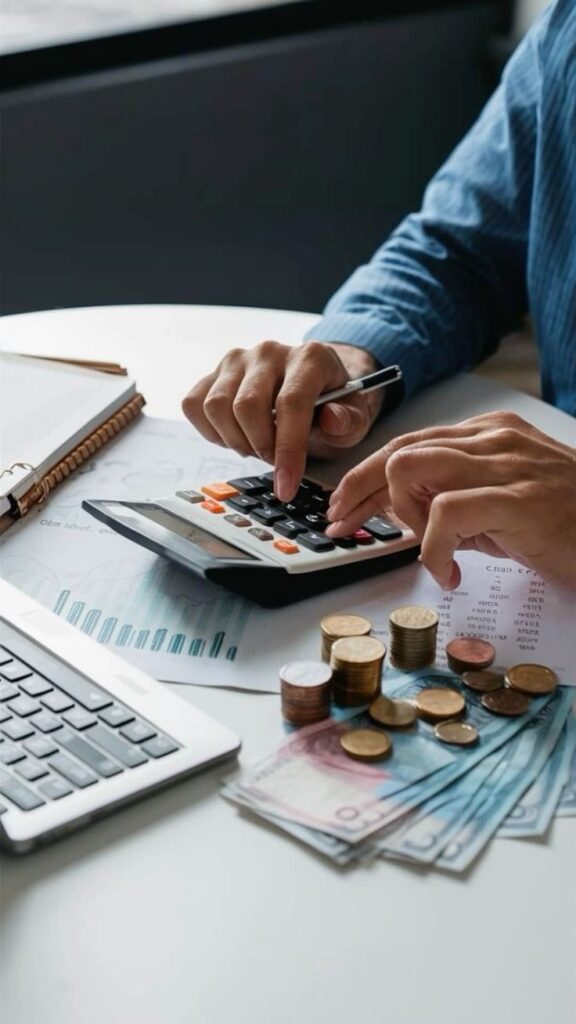 _ 7 Person calculating finances with a calculator, notebook, coins, and bills on a desk, next to a laptop. | Sky Rye Design Person calculating finances with a calculator, notebook, coins, and bills on a desk, next to a laptop.