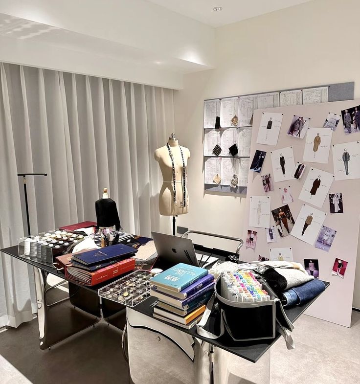 _ 7 Fashion design studio with mannequin, sketches, and sewing supplies on a cluttered desk, showcasing a creative workspace for designers. | Sky Rye Design Fashion design studio with mannequin, sketches, and sewing supplies on a cluttered desk, showcasing a creative workspace for designers.