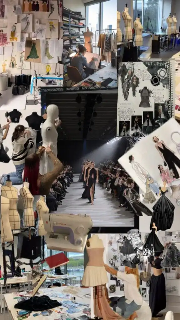 _ 7 Fashion design collage featuring sketches, sewing, mannequins, and a runway show, showcasing creativity and craftsmanship in fashion. | Sky Rye Design Fashion design collage featuring sketches, sewing, mannequins, and a runway show, showcasing creativity and craftsmanship in fashion.