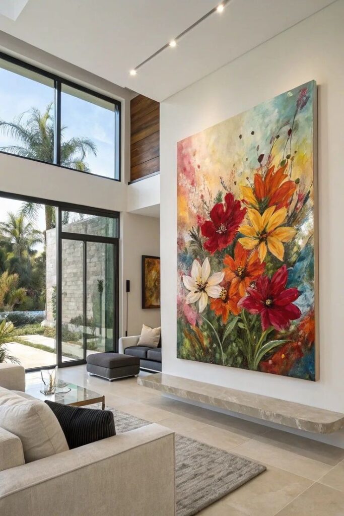 Modern living room featuring large colorful floral painting, elegant furniture, and floor-to-ceiling windows with garden view.