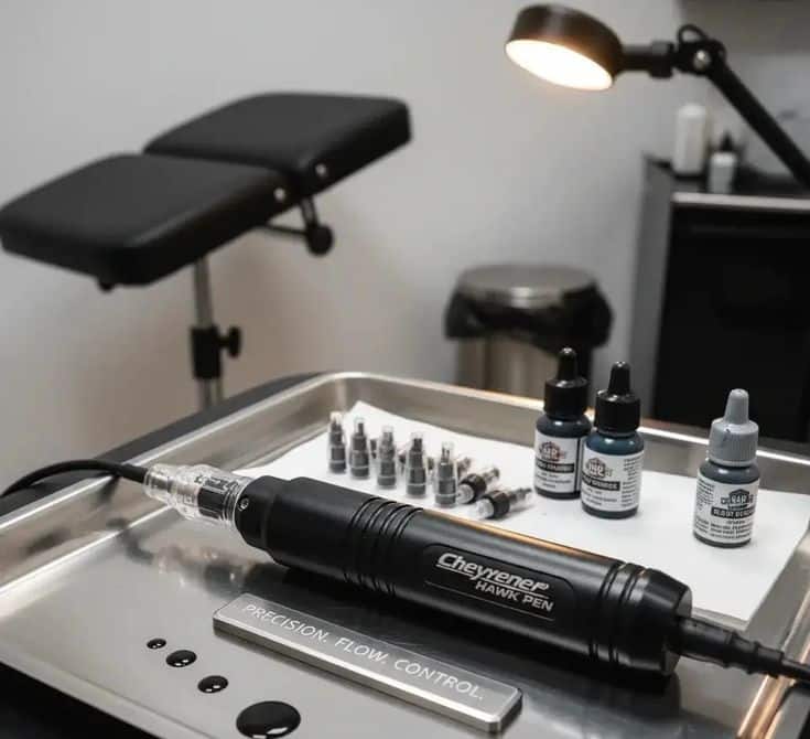 Tattoo workstation with Cheyenne Hawk Pen, ink bottles, and needles on a tray in a well-lit studio. tattoo equipment prices