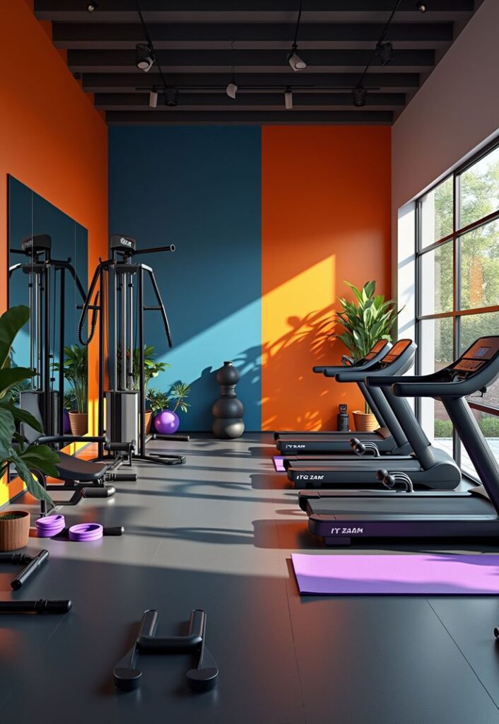 7 Home Gym Color Palette Ideas That Boost Your Energy Modern gym interior with colorful walls, treadmills, weights, exercise balls, and lush plants by a sunny window. | Sky Rye Design Modern gym interior with colorful walls, treadmills, weights, exercise balls, and lush plants by a sunny window.
