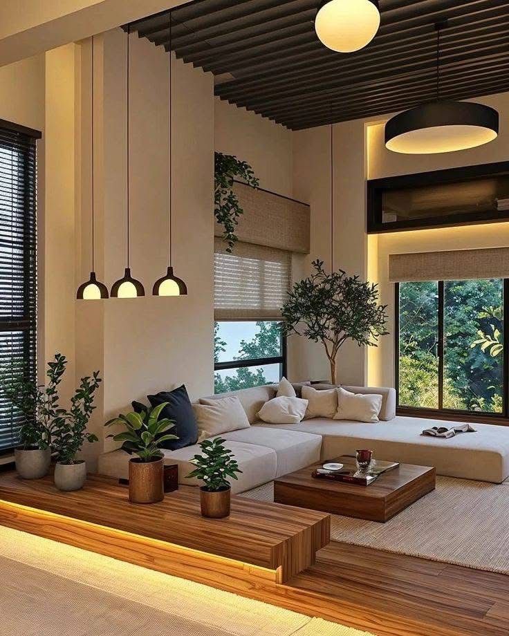 _ 70 Modern living room with cozy sectional sofa, wooden coffee table, indoor plants, and large windows offering natural light. Minimalist decor. | Sky Rye Design Modern living room with cozy sectional sofa, wooden coffee table, indoor plants, and large windows offering natural light. Minimalist decor.