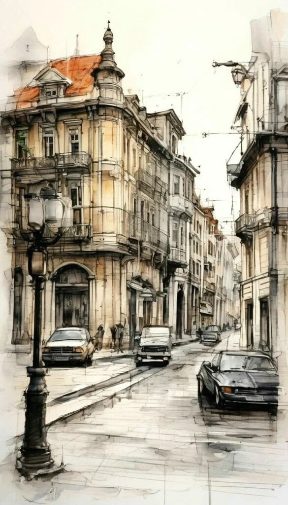 70110c1b-bb23-4ef4-831e-ebb2b826deb6 Vintage European city street sketch, showcasing historic buildings, classic cars, and elegant architectural details. | Sky Rye Design Vintage European city street sketch, showcasing historic buildings, classic cars, and elegant architectural details.