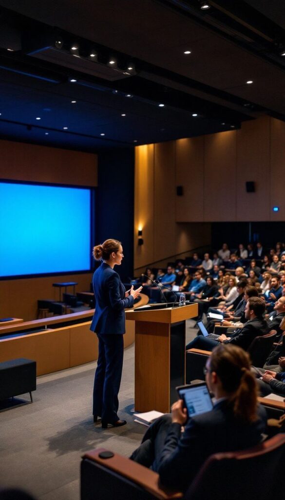 Speaker presenting on stage to an engaged audience in a conference room with a large screen.