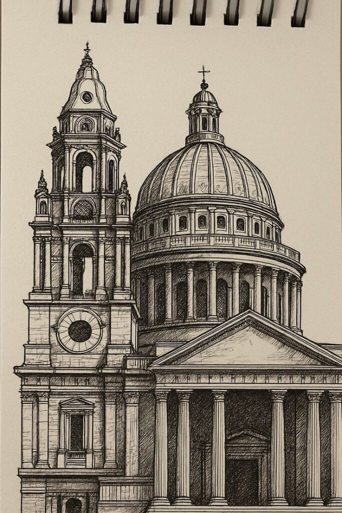 705b3fbd4ff3743c561329bc0b5fdff1 Detailed architectural sketch of a classical building with a large dome and clock tower, drawn on notebook paper. | Sky Rye Design Detailed architectural sketch of a classical building with a large dome and clock tower, drawn on notebook paper.