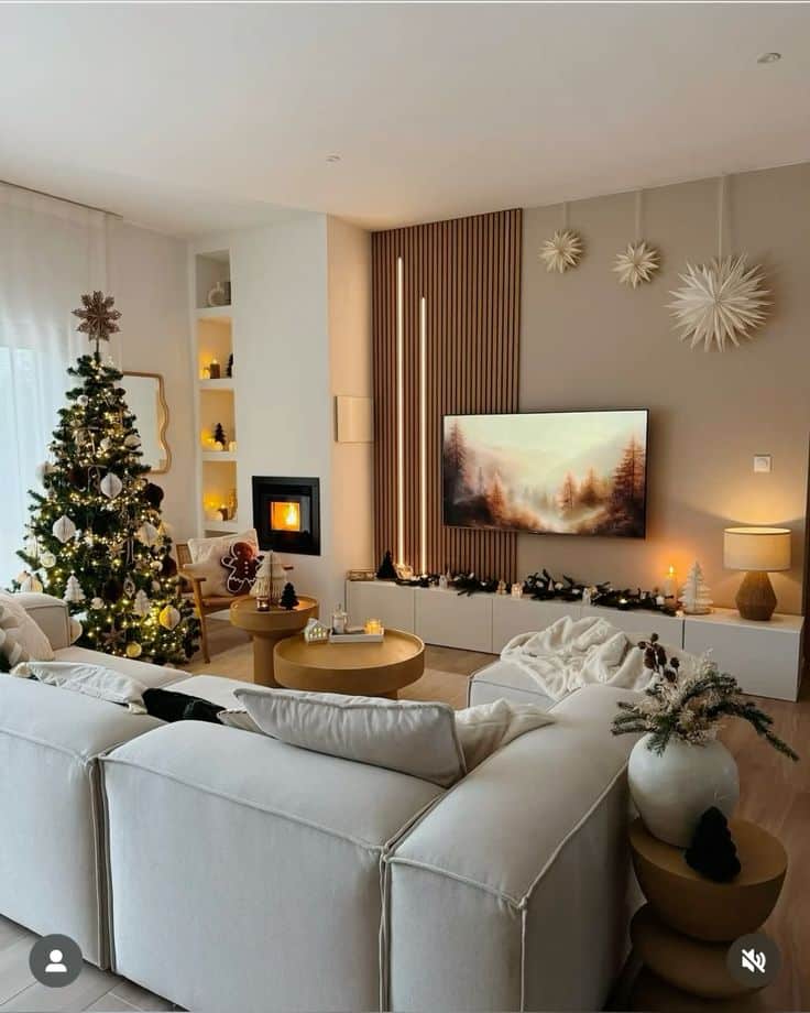 _ 71 Cozy living room with Christmas tree, fireplace, and modern decor. Warm, inviting space for the holiday season. | Sky Rye Design Cozy living room with Christmas tree, fireplace, and modern decor. Warm, inviting space for the holiday season.