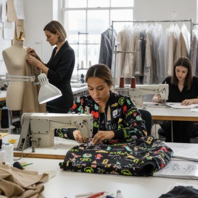 Fashion designers working in a studio, sewing and fitting clothes on mannequins, surrounded by fabrics and garments on racks.
