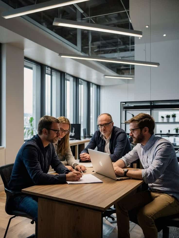 71f0389673bdf5021920c26be3ec3aab Team collaborating on a project in a modern office with large windows, discussing ideas while reviewing documents and using a laptop. | Sky Rye Design Team collaborating on a project in a modern office with large windows, discussing ideas while reviewing documents and using a laptop.