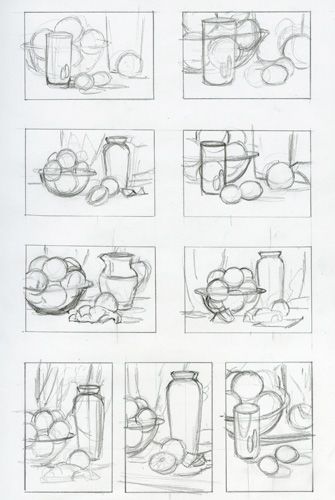 72a4c20f5a22c1ce423342d04807b849 Sketches of still life compositions featuring jars, bowls, and fruit arrangements in various layouts on a plain background. | Sky Rye Design Sketches of still life compositions featuring jars, bowls, and fruit arrangements in various layouts on a plain background.