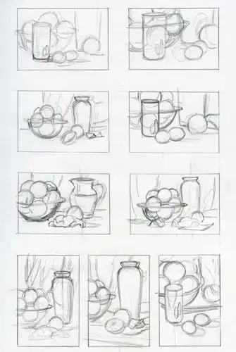 Sketches of still life compositions featuring jars, bowls, and fruit arrangements in various layouts on a plain background.