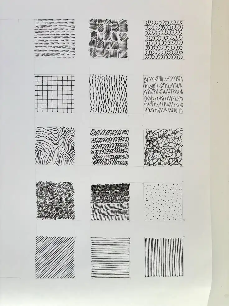7368ba9abce611758c3503e1e76c58c5 Grid of 15 different black and white line patterns on paper, showcasing various abstract designs and textures. | Sky Rye Design Grid of 15 different black and white line patterns on paper, showcasing various abstract designs and textures.
