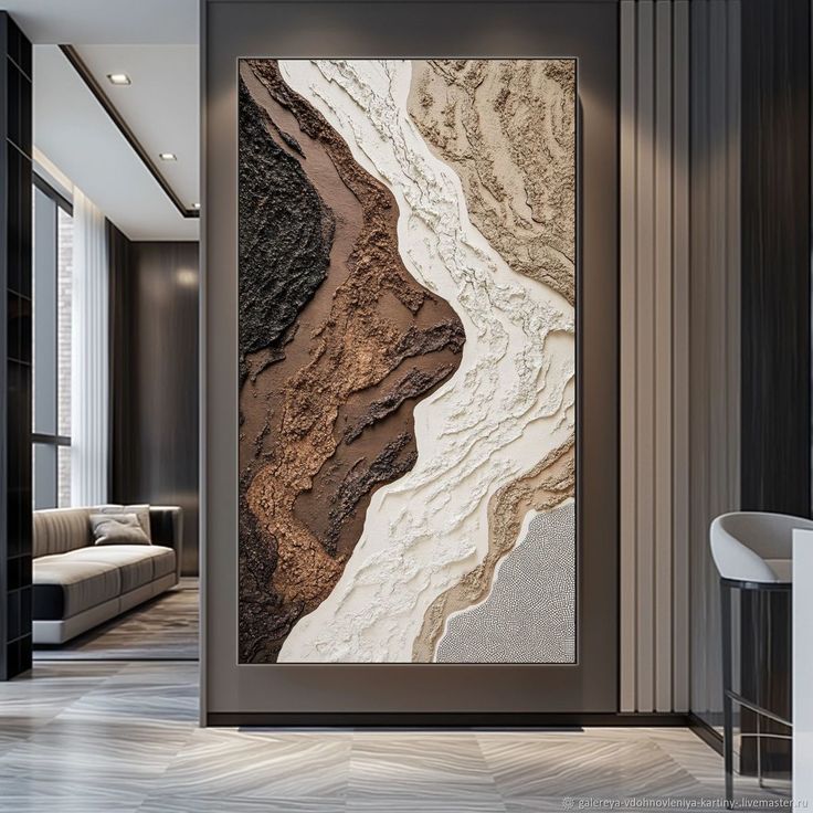 _ 74 Textured abstract wall art with brown, black, and white earthy tones in a modern interior setting. Sophisticated design. | Sky Rye Design Textured abstract wall art with brown, black, and white earthy tones in a modern interior setting. Sophisticated design.