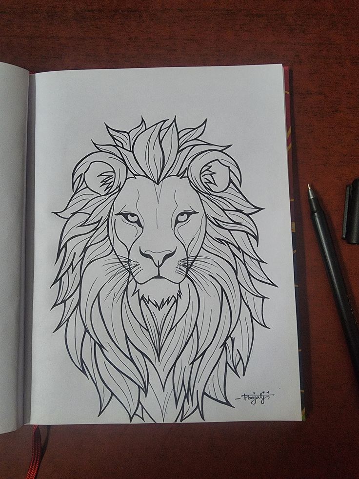 74372c17d79653793e0e0bfea8f7f9a3 Black and white lion illustration drawn in a sketchbook with a pen nearby on a wooden surface. | Sky Rye Design Black and white lion illustration drawn in a sketchbook with a pen nearby on a wooden surface.