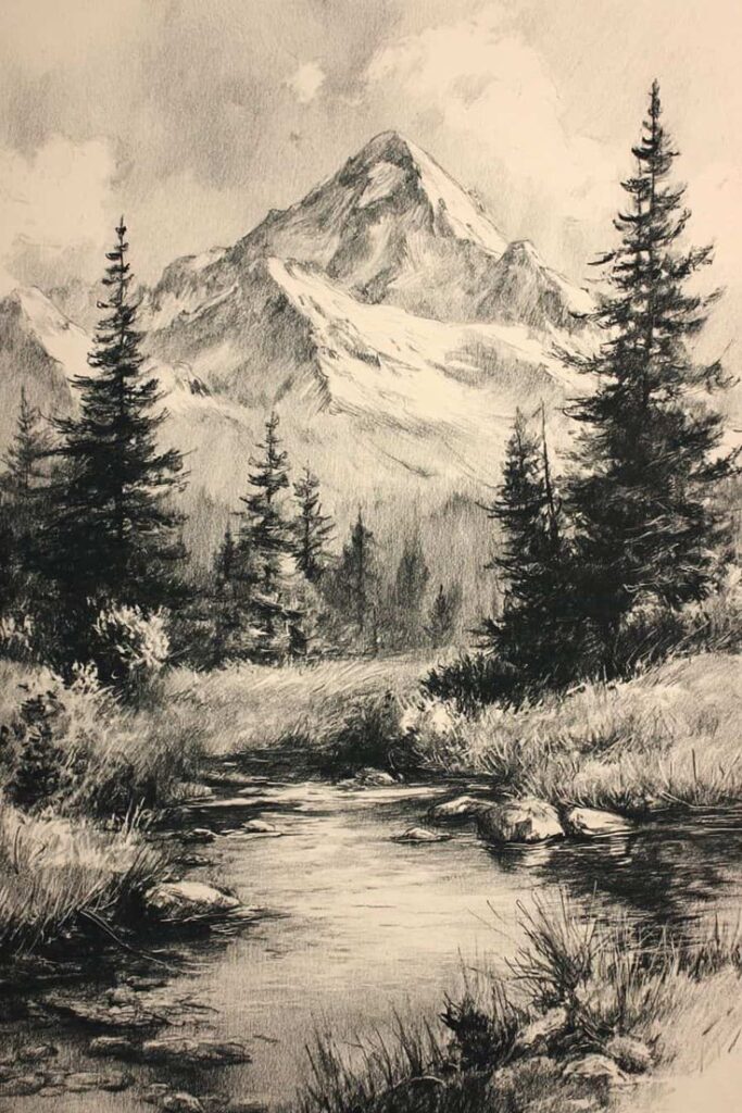 75+ Landscape Drawing Ideas to Ignite Your Inner Artist Pencil sketch of a serene mountain landscape with tall trees, a flowing river, and snow-capped peaks under a cloudy sky. | Sky Rye Design Pencil sketch of a serene mountain landscape with tall trees, a flowing river, and snow-capped peaks under a cloudy sky.