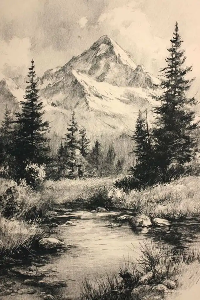Pencil sketch of a serene mountain landscape with tall trees, a flowing river, and snow-capped peaks under a cloudy sky.